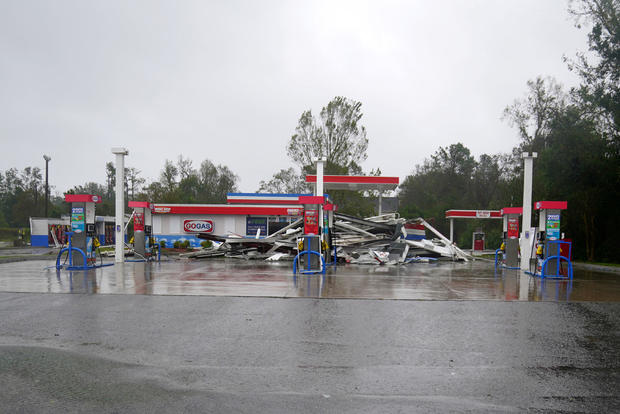 A gas station with its roof blown off is seen as Hurricane Florence comes ashore in Wilmington 