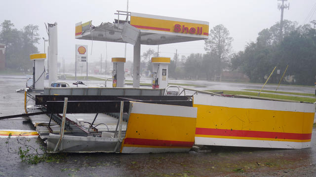 A gas station with its roof blown off is seen as Hurricane Florence comes ashore in Wilmington 