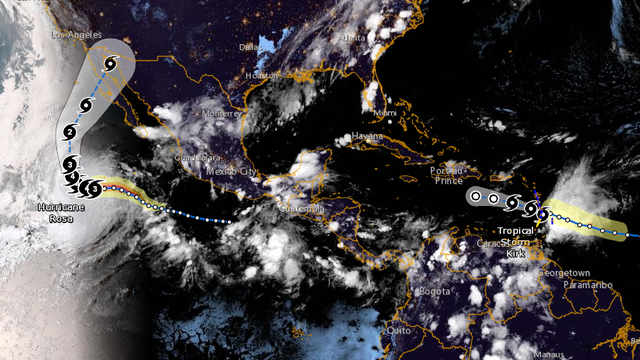 Tropical Storm Kirk is seen in a satellite image at 9:15 a.m. ET on Sept. 27, 2018. 