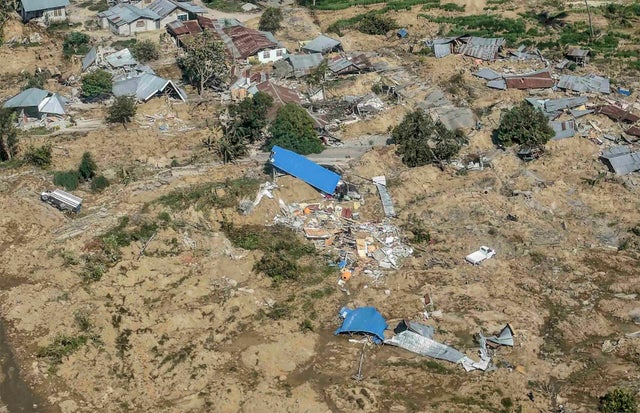 Aerial view of part of city destroyed by earthquake and tsunami in Palu 