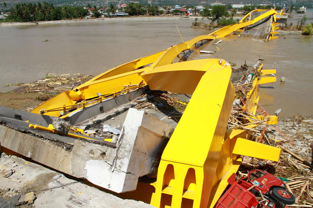 A view of a destroyed bridge following an earthquake and tsunami in Palu, Central Sulawesi, 