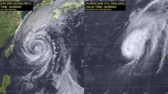 Typhoon Kong-rey, left, is seen approaching Japan and Taiwan and Hurricane Walaka is seen near Hawaii in a combination of satellite images made on Oct. 4, 2018. 