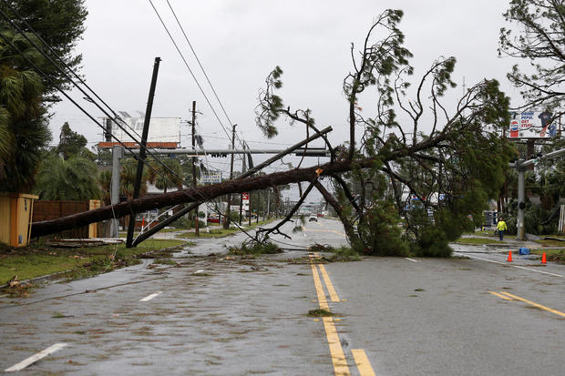 A downed tree and power lines block a road during Hurricane Michael in Panama City Beach 