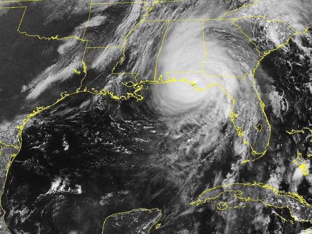 ​A satellite image shows Hurricane Michael as it was making landfall in the Florida Panhandle at 1:37 p.m. ET on Oct. 10, 2018. 