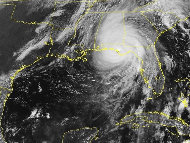 A satellite image shows Hurricane Michael as it was making landfall in the Florida Panhandle at 1:37 p.m. ET on Oct. 10, 2018.
