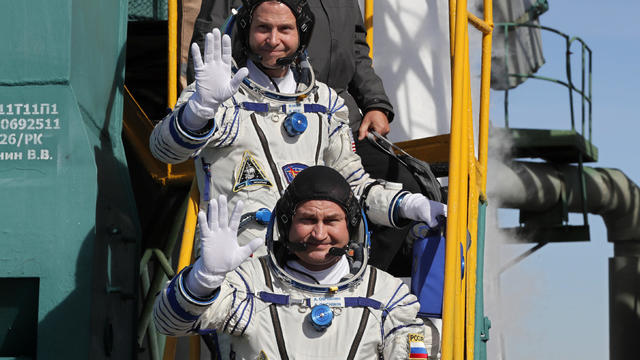 International Space Station (ISS) crew members board the Soyuz MS-10 spacecraft for the launch at the Baikonur Cosmodrome, Kazakhstan 