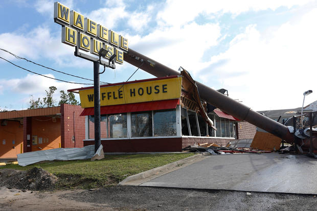 A Waffle House damaged by Hurricane Michael is seen in Callaway 
