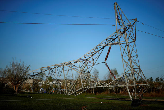 A transmission tower damaged by Hurricane Michael is seen in Callaway, Florida 