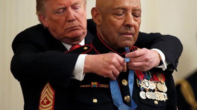 U.S. President Donald Trump awards the Congressional Medal of Honor to retired Marine Corps Sergeant Major John L. Canley in Washington 