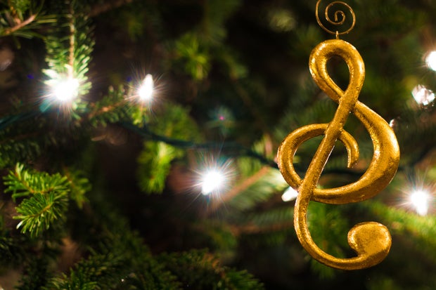 Gold Treble Clef Ornament with Christmas Tree 