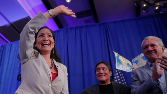 U.S. Democratic Congressional candidate Deb Haaland takes the stage after winning her midterm election in Albuquerque 