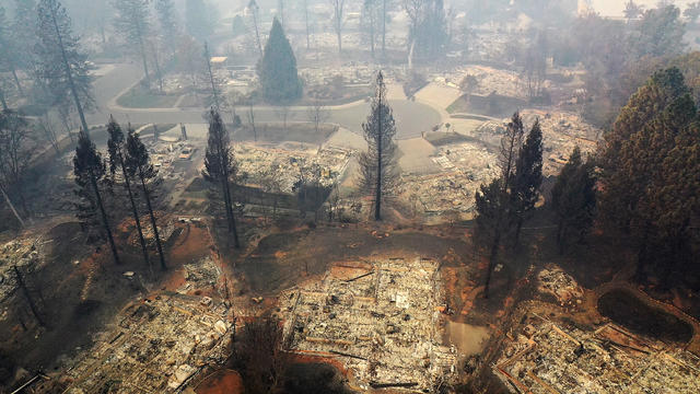An aerial view of a neighborhood destroyed by the Camp Fire is seen on Nov. 15, 2018, in Paradise, California. 