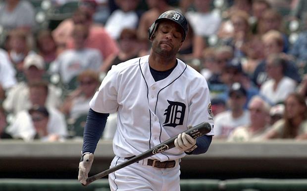 Detroit Tigers Tony Clark reacts to striking out a 