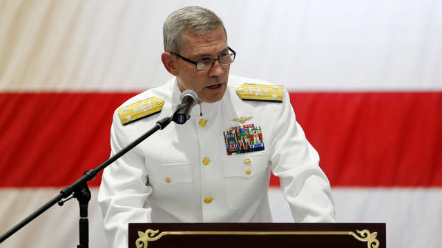 FILE PHOTO: U.S. Navy vice admiral Scott A. Stearney speaks during the Change of Command U.S. Naval Forces Central Command 5th Fleet Combined Maritime Forces ceremony at the U.S. Naval Base in Bahrain 