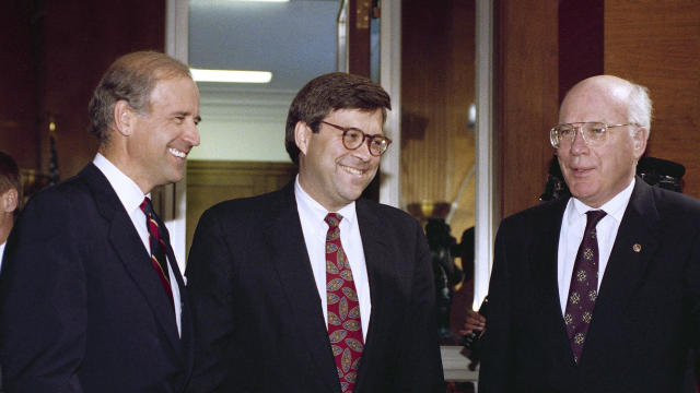 Attorney General nominee William Barr is flanked by Sen. Joseph Biden, D-Delaware and chairman of the Senate Judiciary Committee, and Sen. Patrick Leahy, D-Vermont, prior to Barr's confirmation hearing before the committee on Capitol Hill in Washington No 