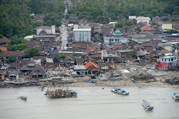 An aerial view of an affected area after a tsunami hit the coast of Pandeglang 