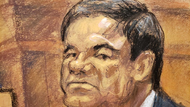A courtroom sketch shows accused Mexican drug lord Joaquin "El Chapo" Guzman sitting during his trial in Brooklyn federal court in New York Dec. 18, 2018. 