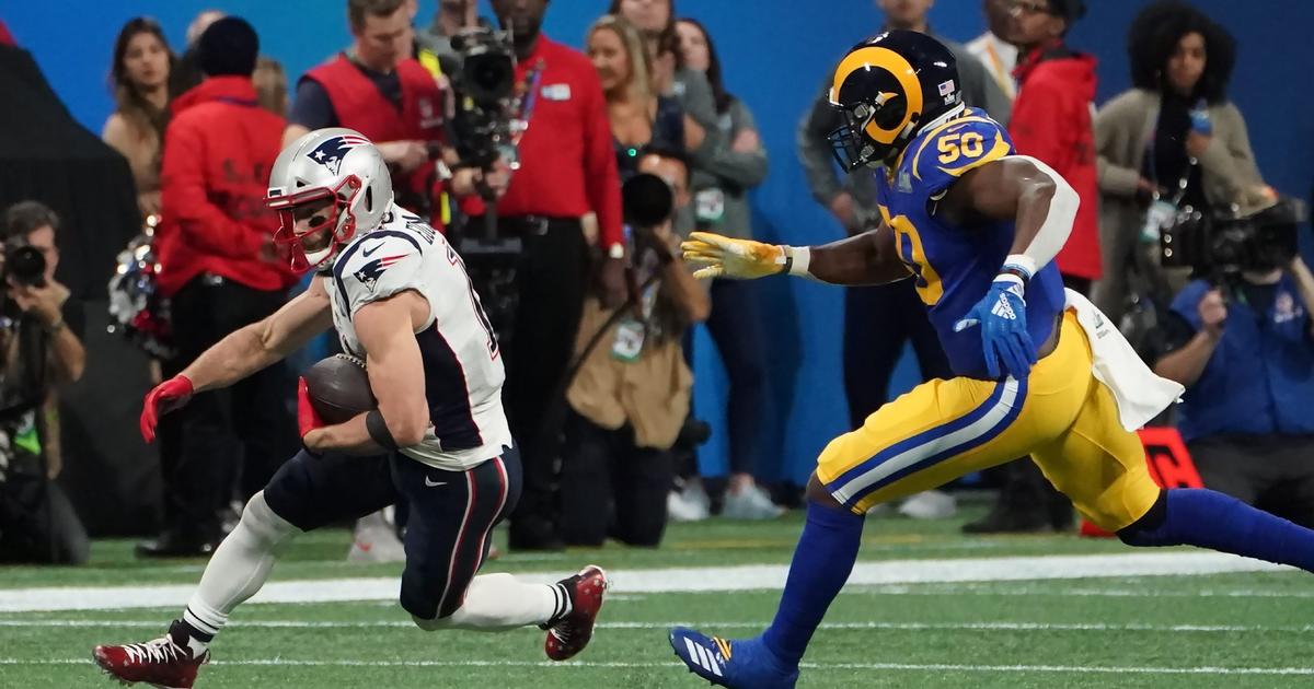 New England Patriots center David Andrews (60) celebrates a touchdown by  teammate Sony Michel (not pictured) in the fourth quarter of Super Bowl  LIII against the Los Angeles Rams at Mercedes-Benz Stadium