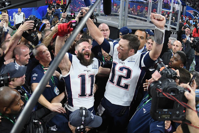 Tom Brady and Julian Edelman New England Patriots Unsigned Super Bowl LIII  Celebration Photograph