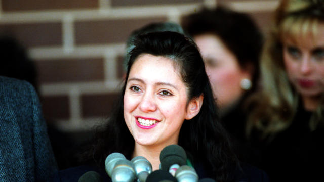 Lorena Bobbitt meets reporters outside court in Manassas, Virginia, Feb. 28, 1994. 