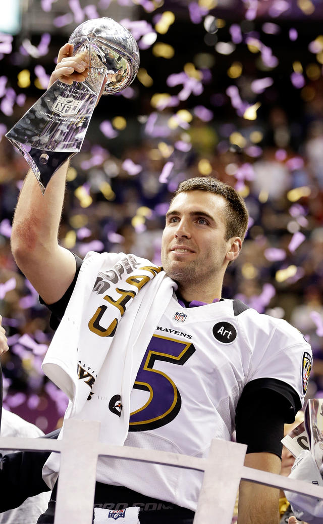 Baltimore Ravens quarterback Joe Flacco, Super Bowl MVP, holds the Lombardi  trophy at Super Bowl XLVII at the Mercedes-Benz Superdome on February 3,  2013 in New Orleans. Baltimore beats San Francisco 34-31