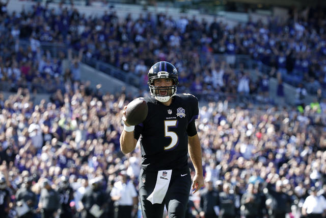 Baltimore Ravens quarterback Joe Flacco walks off the field against the  Cleveland Browns at M&T Bank Stadium in Baltimore, Maryland on December 28,  2014. The Ravens defeated the Browns 20-10. UPI/Kevin Dietsch