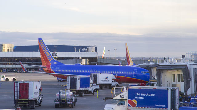 A Southwest Airlines plane getting ready for takeoff 
