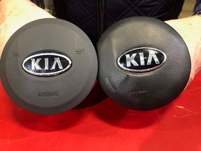 counterfeit airbag side by side with real airbag 