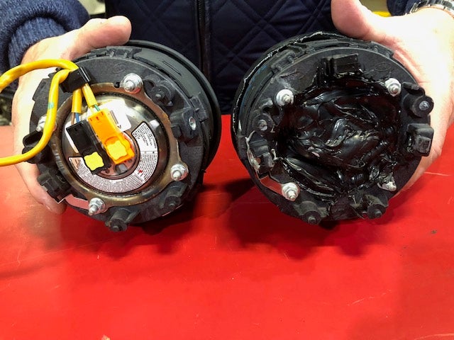 counterfeit airbag side by side with real airbag 