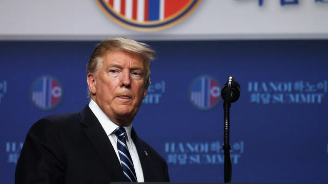 U.S. President Donald Trump reacts during a news conference after his summit with North Korean leader Kim Jong Un at the JW Marriott hotel in Hanoi, Vietnam 