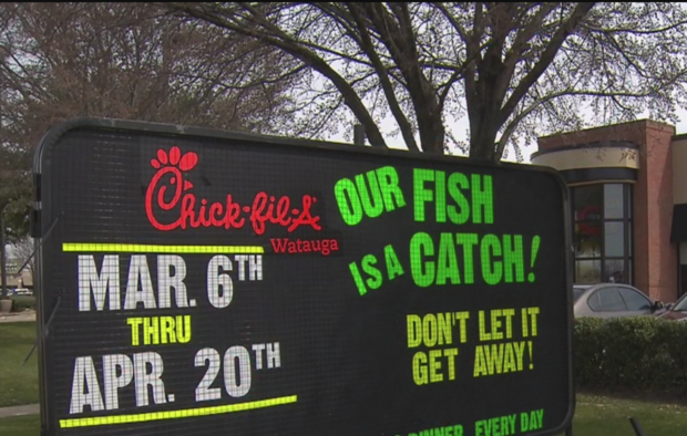 Chick-fil-A fish sandwich sign in Watauga, Texas 