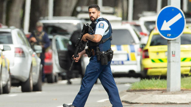 Armed police following a shooting at the Al Noor mosque in Christchurch 