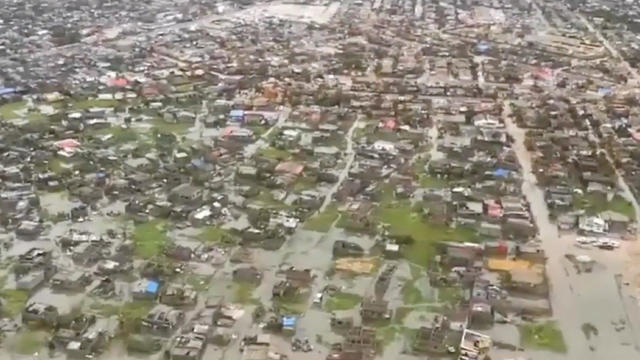 Helicopter footage shows flooding and damage after Cyclone Idai in Beira 