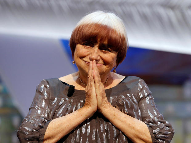 FILE PHOTO: Filmmaker Agnes Varda reacts being awarded with an honorary Palme d'Or during the closing ceremony of the 68th Cannes Film Festival in Cannes 