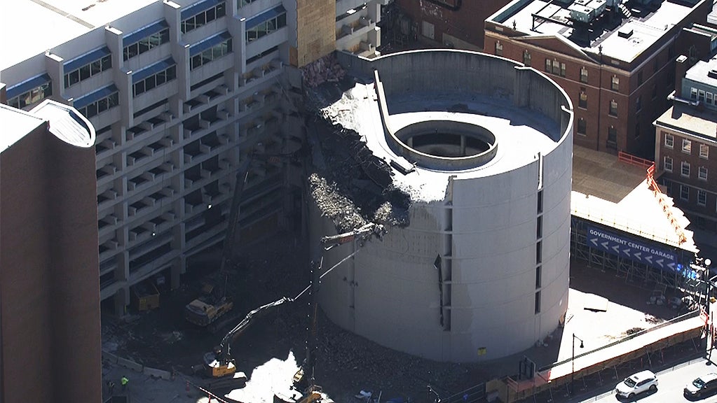 Crews Work On Tearing Down Portion Of Government Center Parking Garage