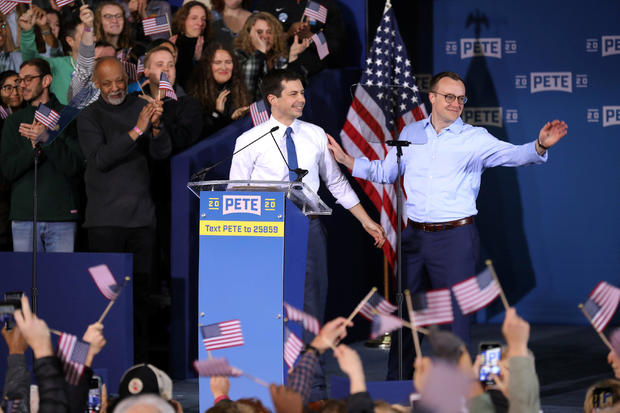South Bend's Mayor Pete Buttigieg and his husband Chasten Buttigieg attend a rally to announce Pete Buttigieg's 2020 Democratic presidential candidacy in South Bend 