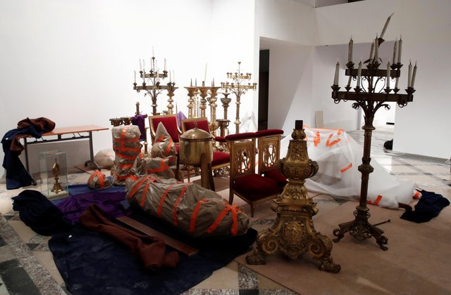 Saved treasures from Notre-Dame Cathedral are seen in a room at Paris city hall after a massive fire devastated large parts of the gothic cathedral in Paris 
