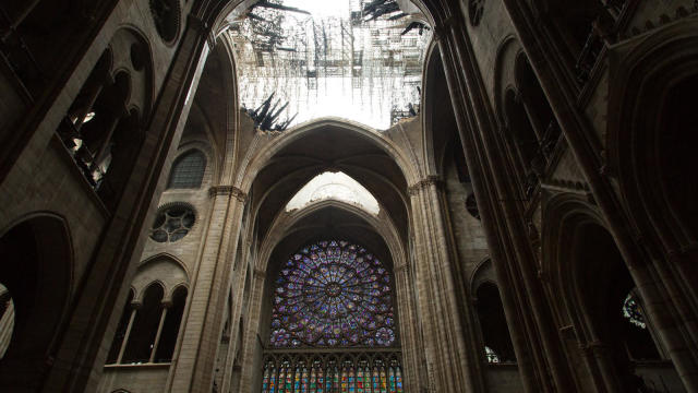 One of Notre Dame Cathedral's famous rose windows is seen after a massive fire April 15, 2019. 