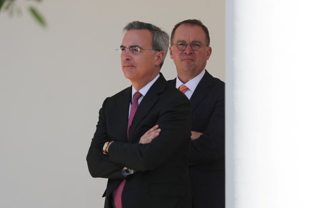 White House Chief of Staff Mulvaney stands with White house counsel Cipollone during "Be Best" anniversary event at the White House in Washington
