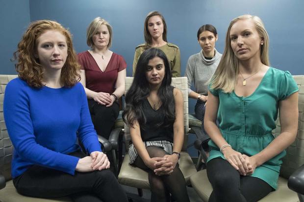 From left back row, Annemarie Brown, Andrea Courtney and Marissa Evans and, from left front row, Sasha Brietzke, Vassiki Chauhan and Kristina Rapuano pose in New York Nov. 14, 2018. The women filed a lawsuit against Dartmouth College for allegedly allowin 