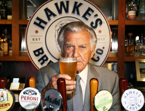 Bob Hawke toasts Hawke's Lager at the launch of Hawke's Lager at The Clock Hotel on April 6, 2017, in Sydney, Australia. 