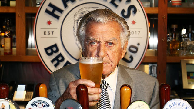 Bob Hawke toasts Hawke's Lager at the launch of Hawke's Lager at The Clock Hotel on April 6, 2017, in Sydney, Australia. 