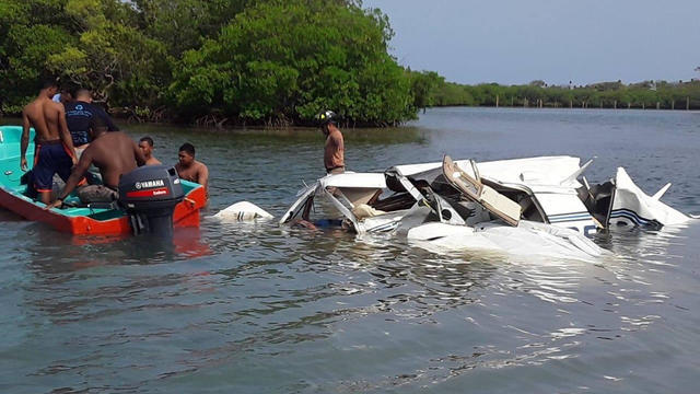 A view shows wreckage of a plane that crashed into the sea near the island of Roatan, Honduras 