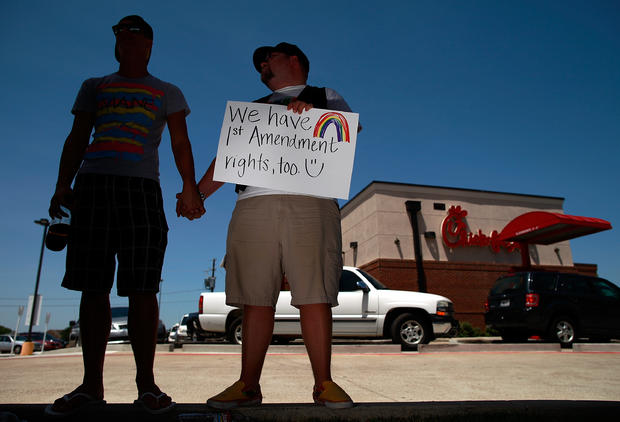Gay Rights Activists Hold "Kiss In" In Front Of Chick-Fil-A Restaurant 