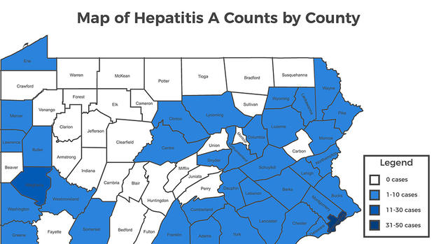 Hepatitis A Map of Counts by County 