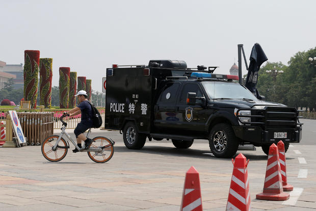 A police vehicle is deployed in Tiananmen Square in Beijing 