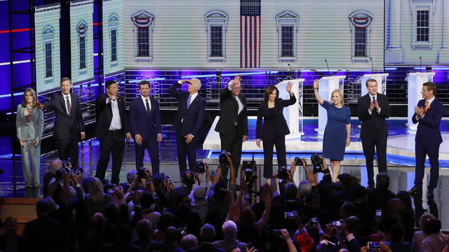 Candidates pose before the start of the second night of the first U.S. 2020 presidential election Democratic candidates debate in Miami, Florida, U.S. 