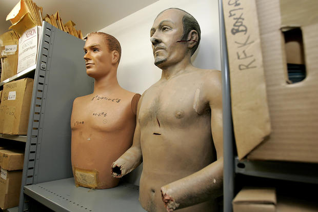Mannequins used in trial of Manson Family members inside historical evidence vault containing crime 