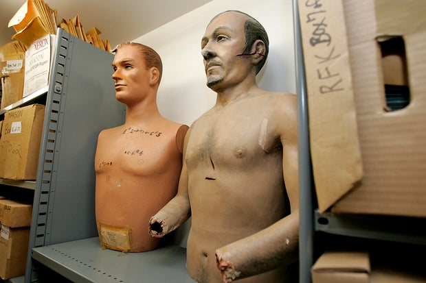 Mannequins used in trial of Manson Family members inside historical evidence vault containing crime
