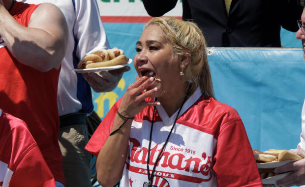 Miki Sudo eats during the women's portion of the annual Nathan's Famous July Fourth hot dog eating contest on July 4, 2019, in New York City. 